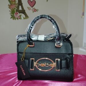 bebe Black Crossbody Satchel with Rose Gold Logo